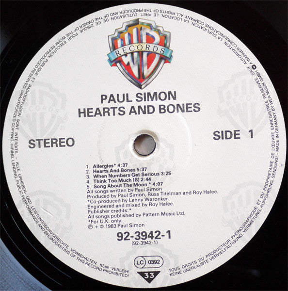 Paul Simon : Hearts And Bones (LP,Album,Stereo)