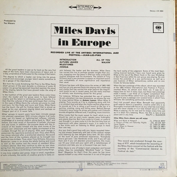 Miles Davis : Miles Davis In Europe (LP,Album,Stereo)