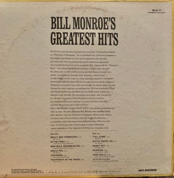 Bill Monroe : Bill Monroe's Greatest Hits (LP,Compilation,Reissue)