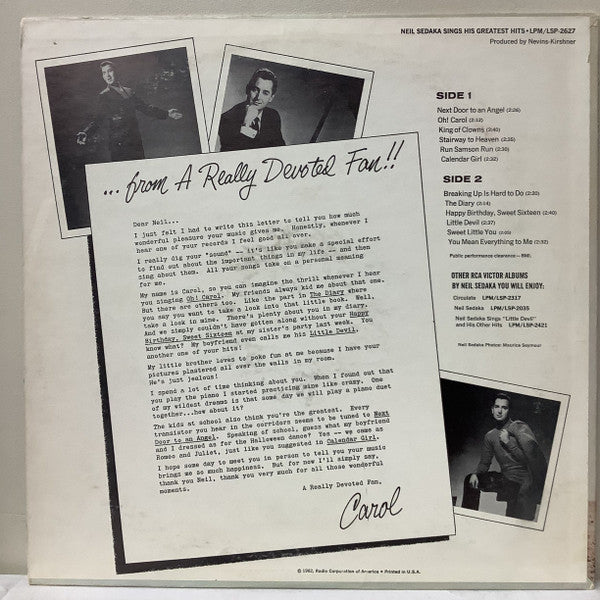 Neil Sedaka : Neil Sedaka Sings His Greatest Hits (LP,Compilation,Mono)