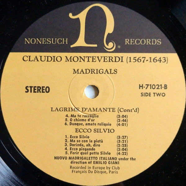 Claudio Monteverdi - Il Nuovo Madrigaletto Italiano Under The Direction Of Emilio Giani : Madrigals (LP,Album,Stereo)