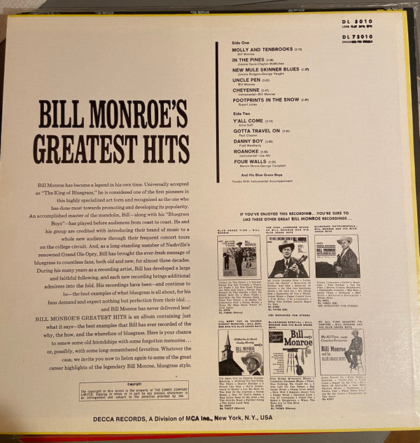 Bill Monroe : Bill Monroe's Greatest Hits (LP,Compilation)