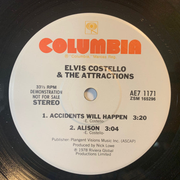 Elvis Costello & The Attractions : Accidents Will Happen / Alison (7",33 ⅓ RPM,Promo,Stereo)