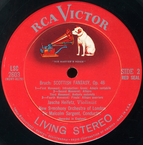 Jascha Heifetz, Max Bruch / Henri Vieuxtemps, New Symphony Orchestra Of London, The, Sir Malcolm Sargent : Scottish Fantasy / Concerto No. 5 (LP,Stereo)