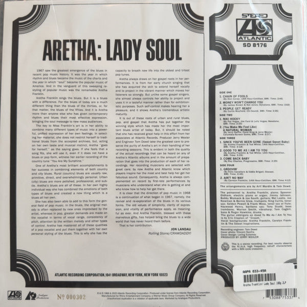 Aretha Franklin : Aretha: Lady Soul (12",45 RPM,Numbered,Remastered,Stereo)