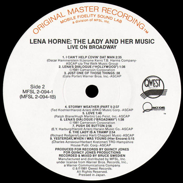 Lena Horne : Live On Broadway Lena Horne: The Lady And Her Music (LP,Album)