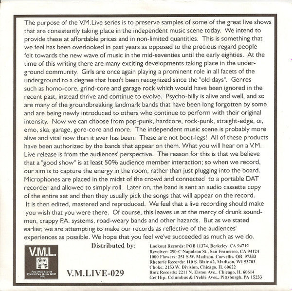 Sicko : 3/23/96 (Fireside Bowl - Chicago, IL) (7",EP,33 ⅓ RPM)