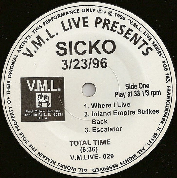 Sicko : 3/23/96 (Fireside Bowl - Chicago, IL) (7",EP,33 ⅓ RPM)