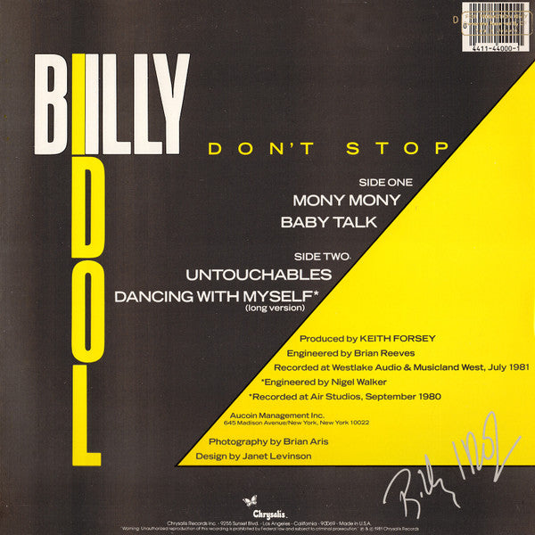 Billy Idol : Don't Stop (12",33 ⅓ RPM,EP,Promo)