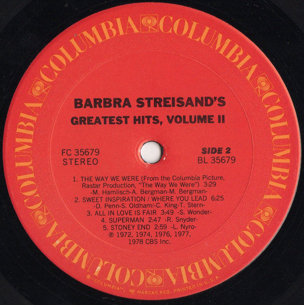 Barbra Streisand : Barbra Streisand's Greatest Hits Volume 2 (LP,Compilation,Stereo)