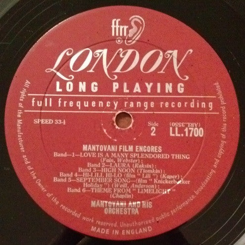 Mantovani And His Orchestra : Mantovani Film Encores (LP,Album,Mono)