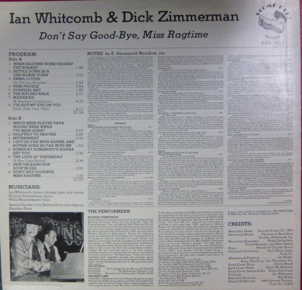 Ian Whitcomb & Richard Zimmerman : Don't Say Good-Bye, Miss Ragtime (LP,Album)