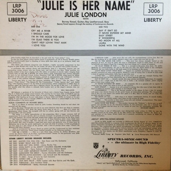 Julie London : Julie Is Her Name (LP,Album,Misprint,Repress,Mono)