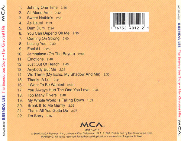 Brenda Lee : The Brenda Lee Story Her Greatest Hits (Compilation)