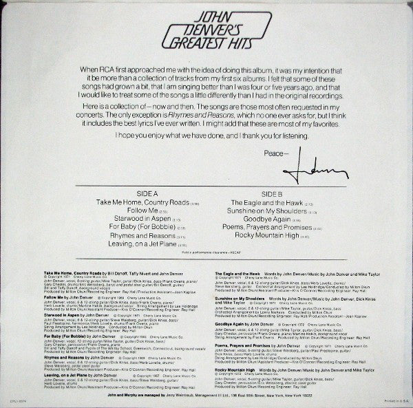 John Denver : John Denver's Greatest Hits (LP,Compilation,Repress)