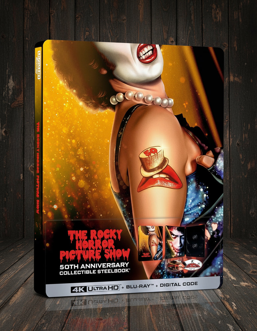 Steelbook cover of 'The Rocky Horror Picture Show' with a stylized image of a character and text.