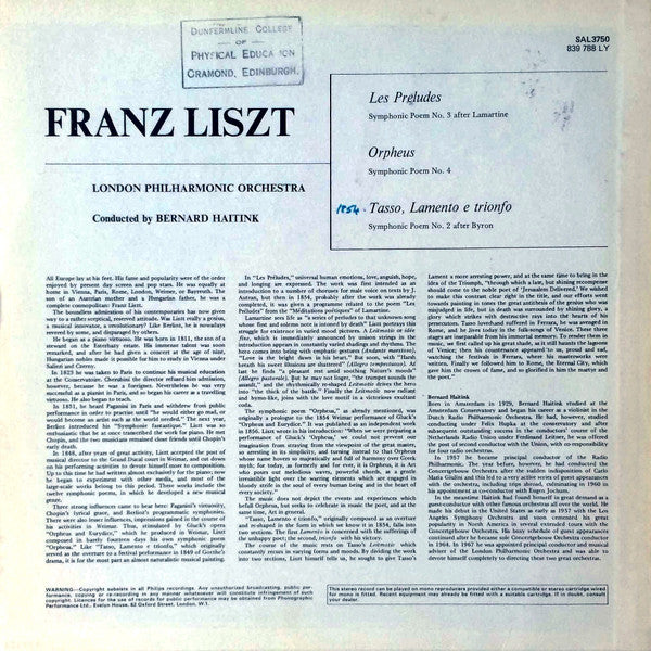 Franz Liszt - Bernard Haitink, London Philharmonic Orchestra : Les Préludes / Orpheus / Tasso (LP,Album,Stereo)