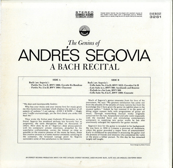 Andrés Segovia : The Genius Of Andrés Segovia - A Bach Recital (LP,Album,Stereo)
