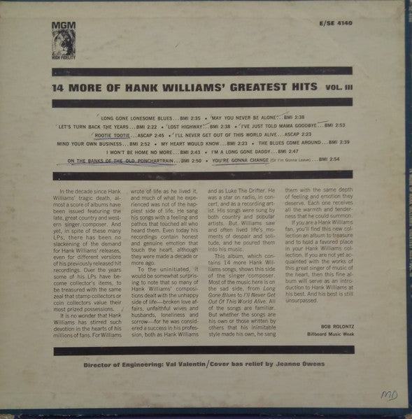 Hank Williams : 14 More Of Hank Williams' Greatest Hits Vol. III (LP,Compilation,Stereo)