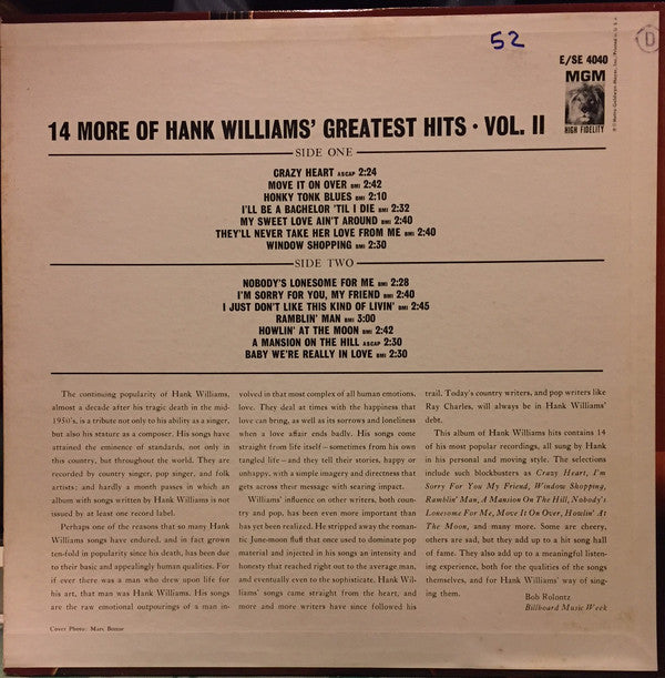 Hank Williams : 14 More Of Hank Williams' Greatest Hits Vol. II (LP,Compilation,Stereo)