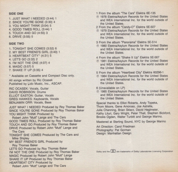 Cars, The : The Cars Greatest Hits (Compilation,Club Edition)