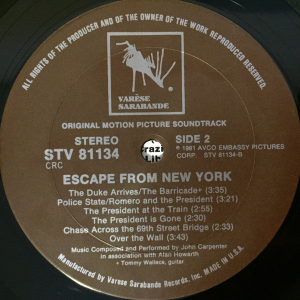 John Carpenter In Association With Alan Howarth : Escape From New York (Original Motion Picture Soundtrack) (LP,Album,Club Edition)