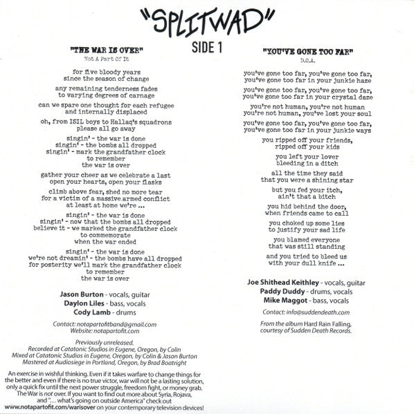 Not A Part Of It / D.O.A. (2) / Dwarves / Potbelly : Splitwad (7",45 RPM,Compilation)