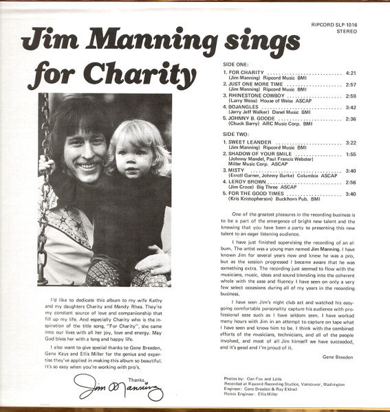 Jim Manning : Sings For Charity (LP,Album)