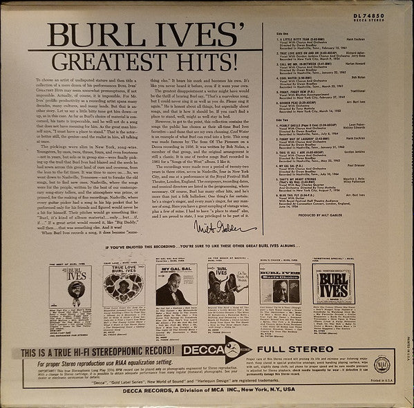 Burl Ives : Burl Ives' Greatest Hits! (LP,Compilation)