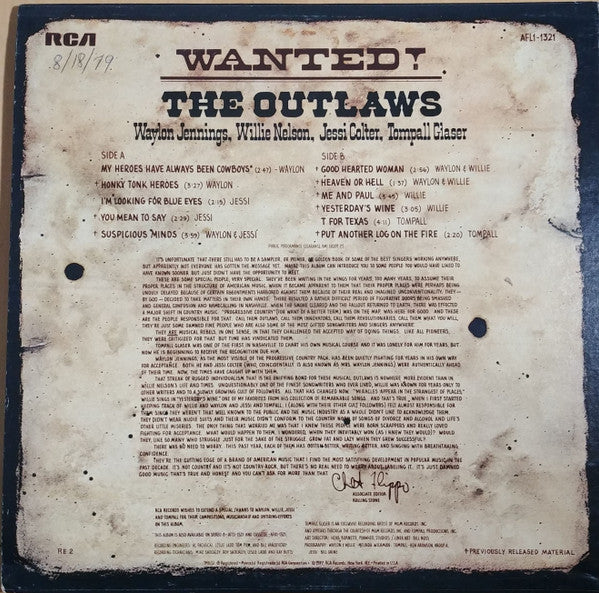 Waylon Jennings, Willie Nelson, Jessi Colter, Tompall Glaser : Wanted! The Outlaws (LP,Album,Compilation,Reissue)