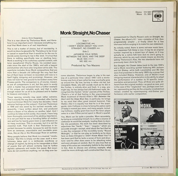 Thelonious Monk : Straight, No Chaser (LP,Album,Stereo)