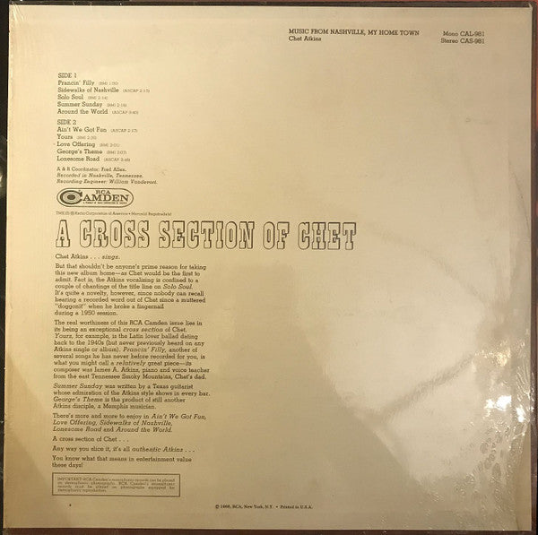 Chet Atkins : Music From Nashville My Home Town (LP,Stereo)