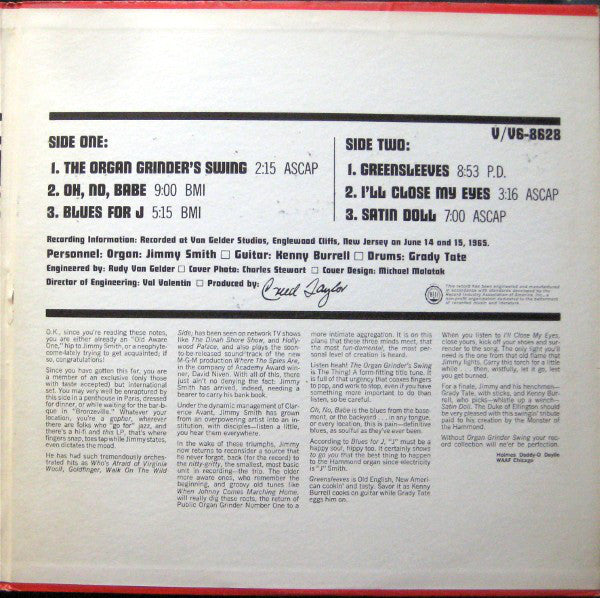 Jimmy Smith Featuring Kenny Burrell And Grady Tate : Organ Grinder Swing (LP,Album,Mono)