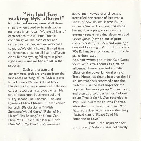 Marcia Ball, Irma Thomas, Tracy Nelson : Sing It! (Album,Stereo)