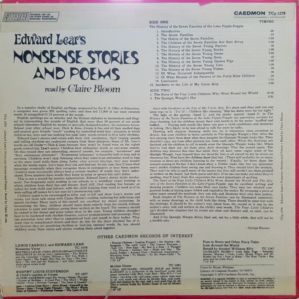 Edward Lear (2) Read By Claire Bloom : Edward Lear's Nonsense Stories And Poems (LP)