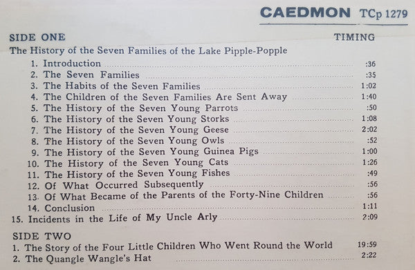 Edward Lear (2) Read By Claire Bloom : Edward Lear's Nonsense Stories And Poems (LP)