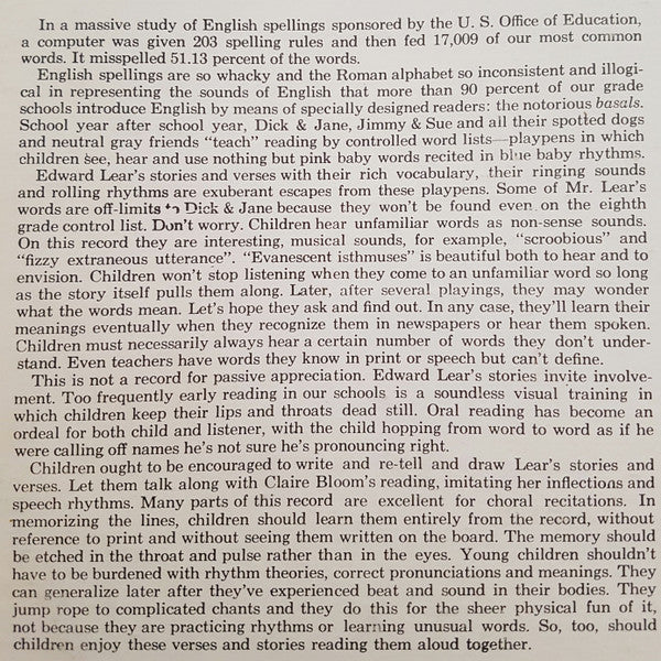 Edward Lear (2) Read By Claire Bloom : Edward Lear's Nonsense Stories And Poems (LP)
