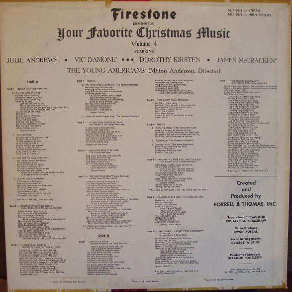 Irwin Kostal And Firestone Orchestra, The Starring Julie Andrews • Vic Damone ••• Dorothy Kirsten • James McCracken, Young Americans, The : Firestone Presents Your Favorite Christmas Music Volume 4 (LP,Stereo,Album)
