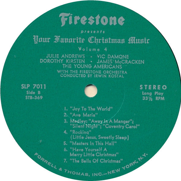 Irwin Kostal And Firestone Orchestra, The Starring Julie Andrews • Vic Damone ••• Dorothy Kirsten • James McCracken, Young Americans, The : Firestone Presents Your Favorite Christmas Music Volume 4 (LP,Stereo,Album)