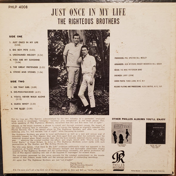 Righteous Brothers, The : Just Once In My Life (LP,Album,Mono)