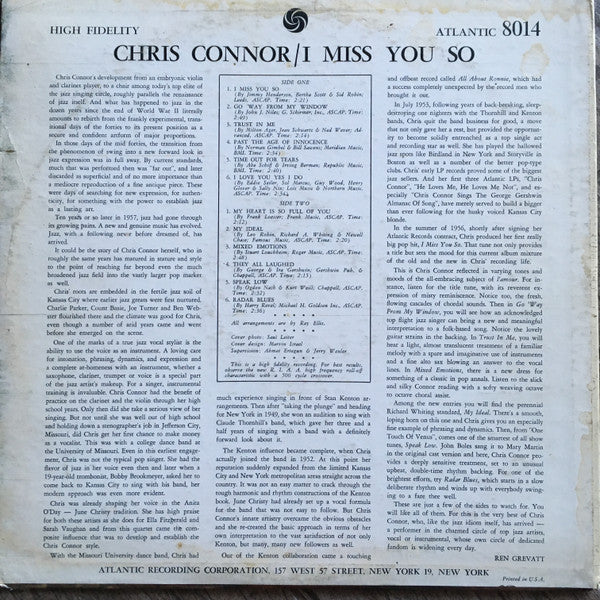 Chris Connor : I Miss You So (LP,Album,Mono)