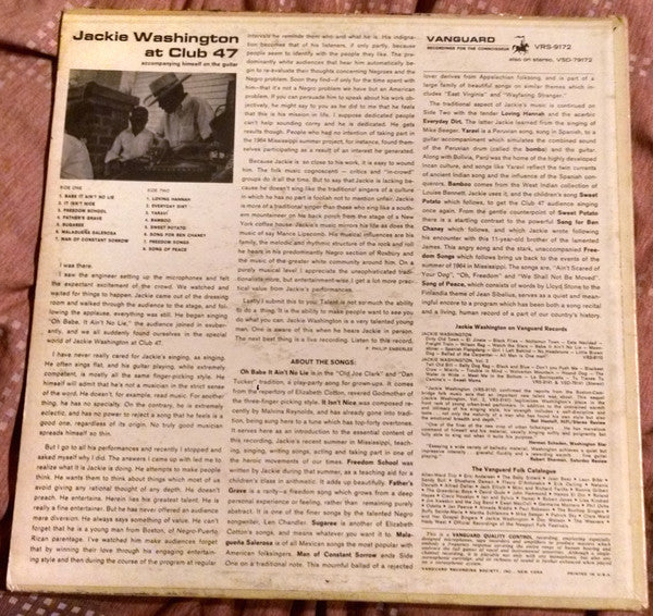 Jackie Washington : Jackie Washington At Club 47 (LP,Album,Mono)