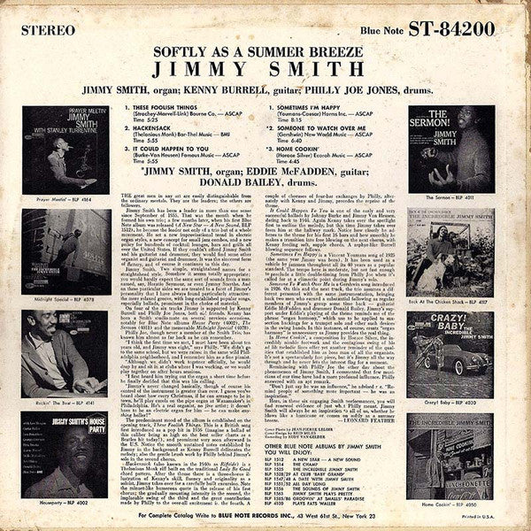 Jimmy Smith With Kenny Burrell & "Philly" Joe Jones : Softly As A Summer Breeze (LP,Album,Stereo)