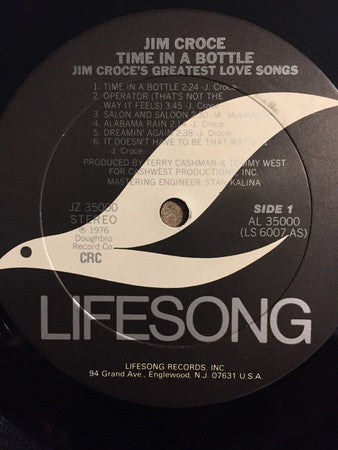 Jim Croce : Time In A Bottle Jim Croce's Greatest Love Songs (LP,Compilation,Club Edition,Stereo)