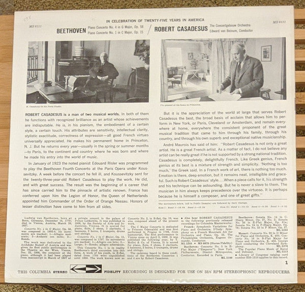 Robert Casadesus / Eduard Van Beinum / Concertgebouworkest / Ludwig van Beethoven : Piano Concertos No. 4 & 1 (LP,Stereo)