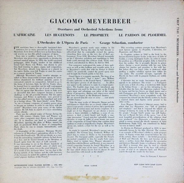 Giacomo Meyerbeer, Georges Sebastian, Orchestre National De L'Opéra De Paris : Overtures And Orchestral Selections (LP,Mono)