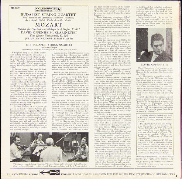 Wolfgang Amadeus Mozart, David Oppenheim, Budapest String Quartet : Clarinet Quintet, K. 581 / Eine Kleine Nachtmusik (LP,Album,Stereo)