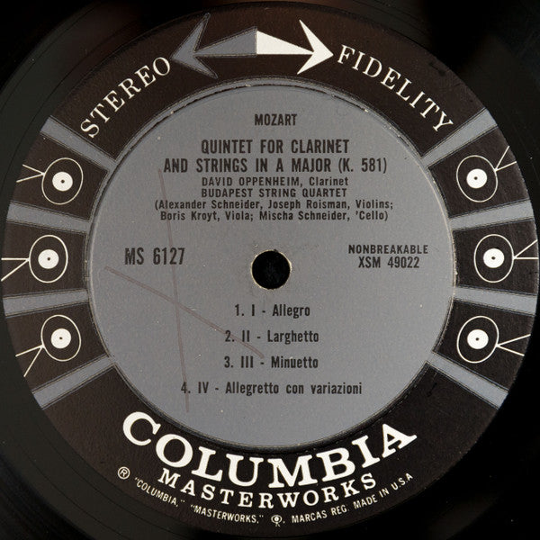 Wolfgang Amadeus Mozart, David Oppenheim, Budapest String Quartet : Clarinet Quintet, K. 581 / Eine Kleine Nachtmusik (LP,Album,Stereo)