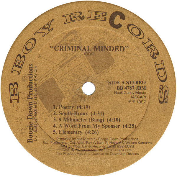 Boogie Down Productions : Criminal Minded (LP,Album,Misprint,Stereo)