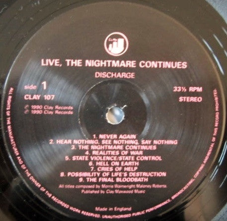 Discharge : The Nightmare Continues... Live (LP,Album)